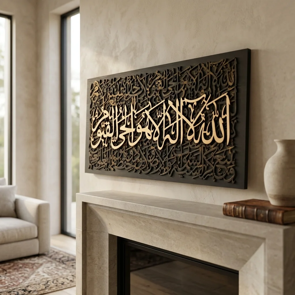 QASRAB Designs laser-cut walnut and gold wall art above a fireplace mantel