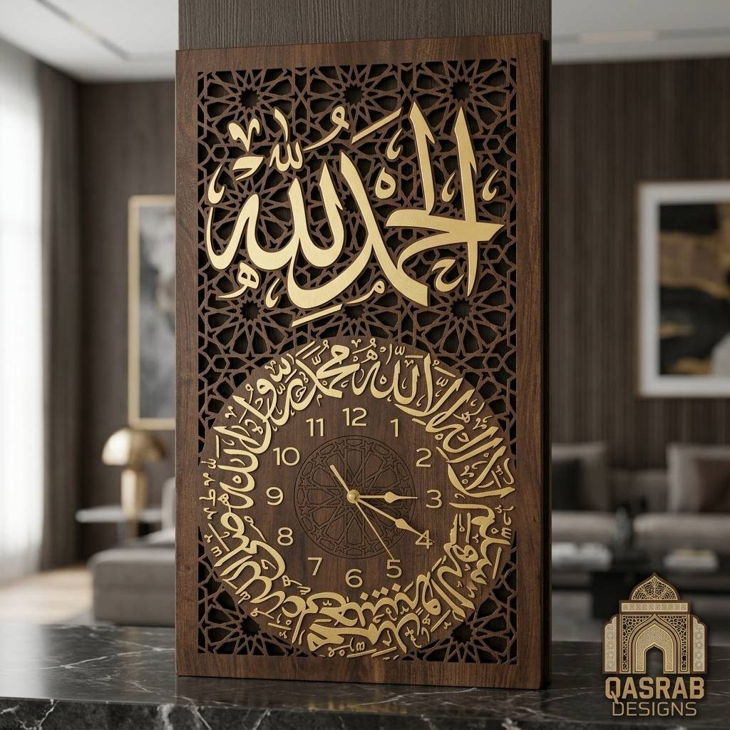 Islamic Calligraphy Walnut & Gold Wall Clock
